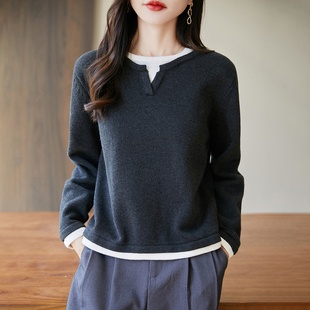 上衣 2025春季 新款 V领假两件针织衫 女宽松显瘦百搭长袖