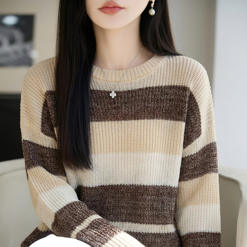 慵懒风条纹天丝棉秋冬女针织衫