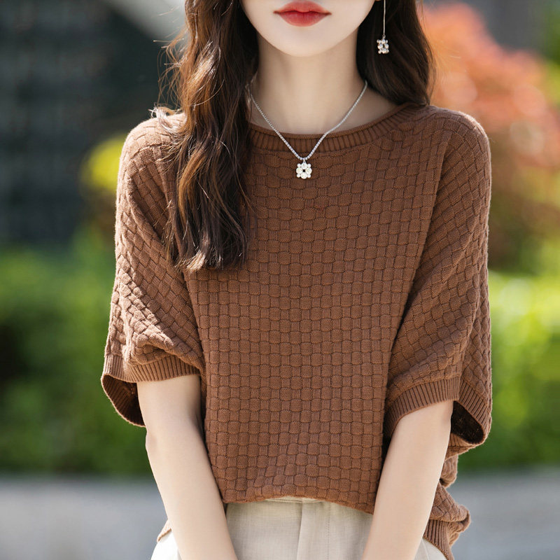 纯棉线圆领针织五分袖T恤衫女2026新款蝙蝠袖套头百搭温柔风上衣