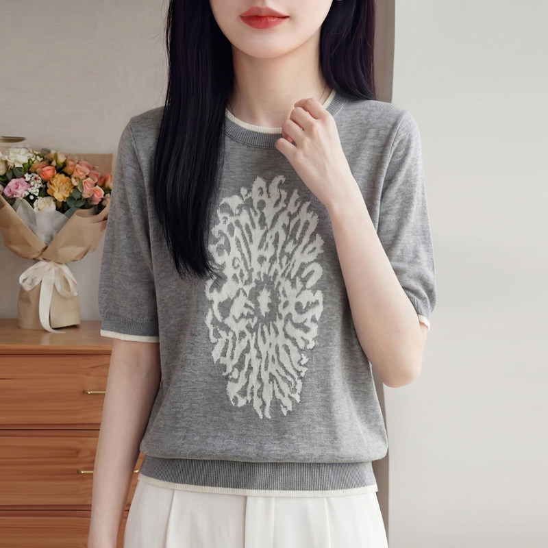 2026夏季新款天丝大花朵印花图案圆领短袖针织衫女撞色边百搭上衣