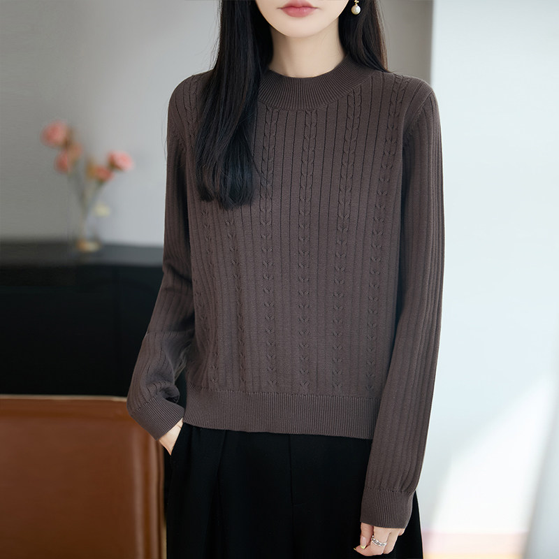 优雅半高领麻花纹理纯棉简约针织衫女长袖宽松时尚保暖打底衫毛衣