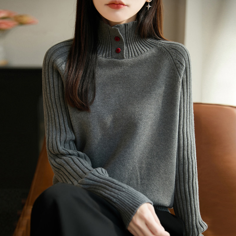韩版纯棉高翻领针织衫女秋冬宽松套头毛衣长袖保暖加厚上衣打底衫
