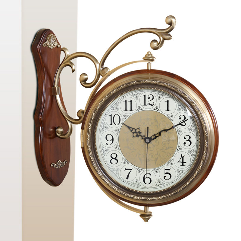 tqj欧式实木双面挂钟黄铜时钟表创意挂表客厅卧室静音壁挂钟