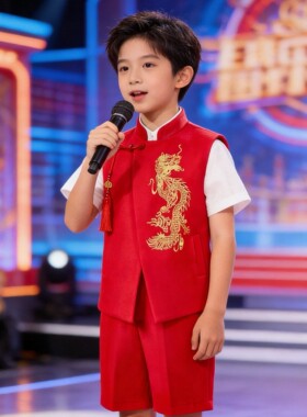 儿童中国风演出服红色龙纹刺绣马甲套装男童合唱表演服