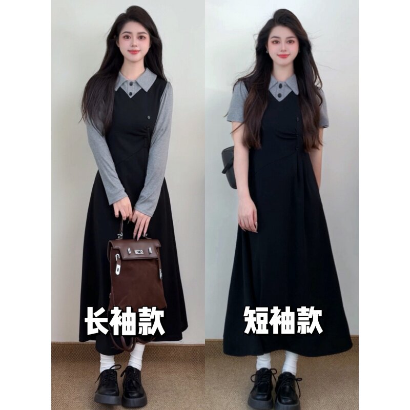 大码法式复古高级感连衣裙女春秋胖mm显瘦收腰长裙假两件短袖裙子