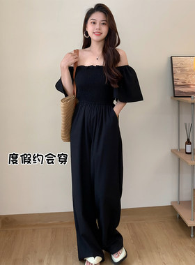 微醺可乐连体裤女薄款小个子黑色短袖气质时尚方领阔腿裤子高腰女