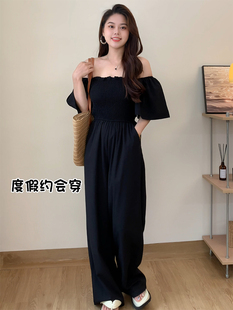 方领阔腿裤 微醺可乐连体裤 气质时尚 女薄款 子高腰女 小个子黑色短袖