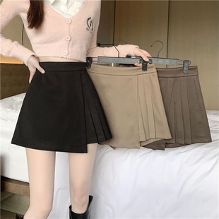女秋冬2023新款 不规则毛呢百褶裙裤 A字高腰不走光 巨显瘦裙裤