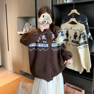 大码女装秋冬韩版复古宽松慵懒风针织开衫甜美百搭设计感毛衣外套