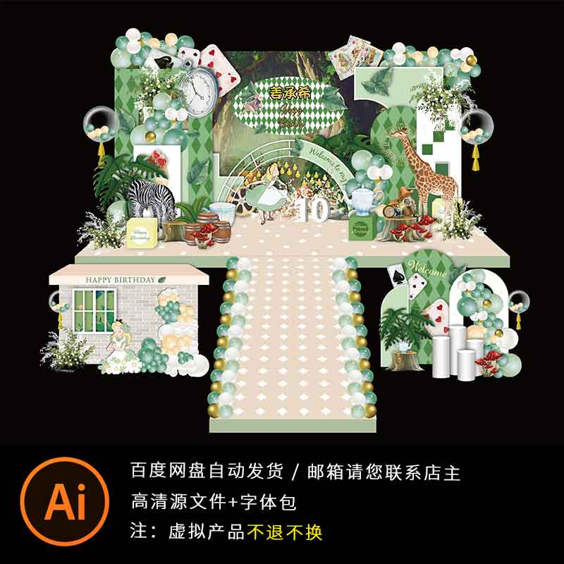 森系女孩艾丽丝历险记森林动物主题生日派对背景墙布置PS素材设计