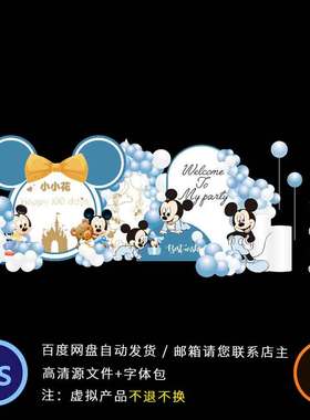 蓝色迪士尼米妮米奇宝宝百天满月周岁生日宴背景迎宾牌设计PS素材