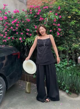 Q了个T微胖定制 黑色吊带马甲 + 阔腿裤胖mm高级感显瘦两件套