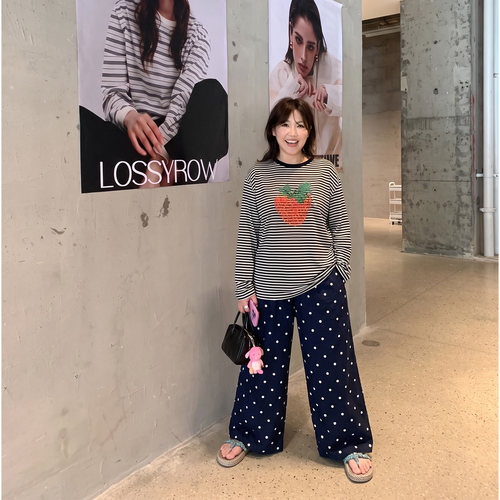 Q了个T大码女装微胖mm条纹草莓长袖+波点长裤