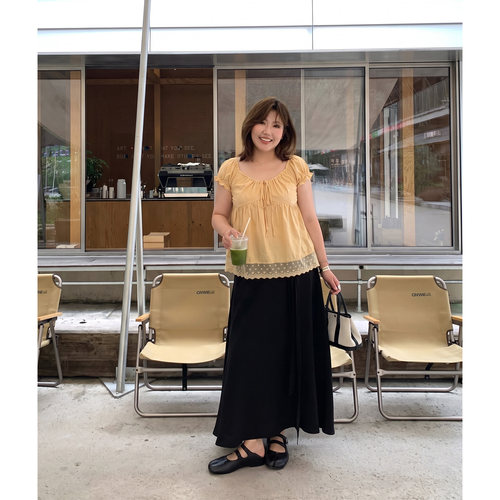 Q了个T微胖mm 法式少女感蕾丝天丝棉质拼接短袖上衣