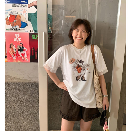 Q了个T 大码女装微胖mm巨好看t恤花边短裤夏季时髦高级感漂亮套装