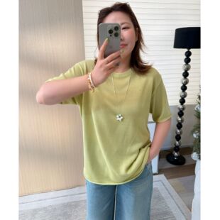 Q了个T微胖定制 胖mm 慵懒风圆领短袖针织衫宽松百搭显瘦