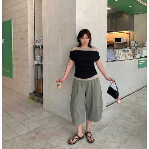 Q了个T大码女装微胖mm天丝真两件绝美巨好看露肩t恤显瘦遮肚上衣
