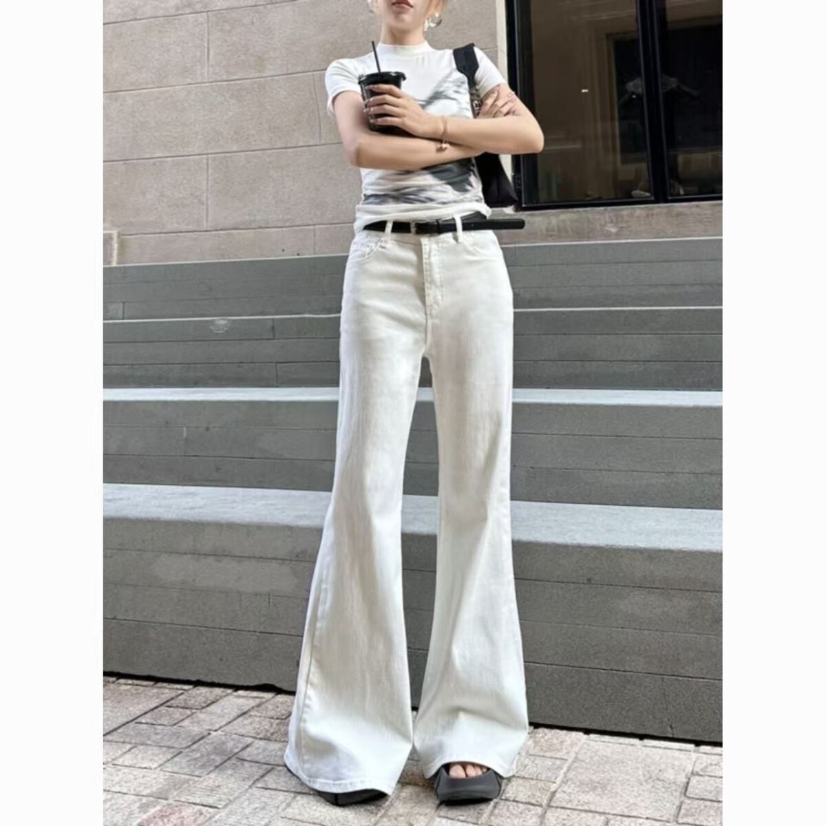 美式白色不贴牛仔裤2025高腰新款宽松显瘦微喇叭拖地马蹄裤子显高