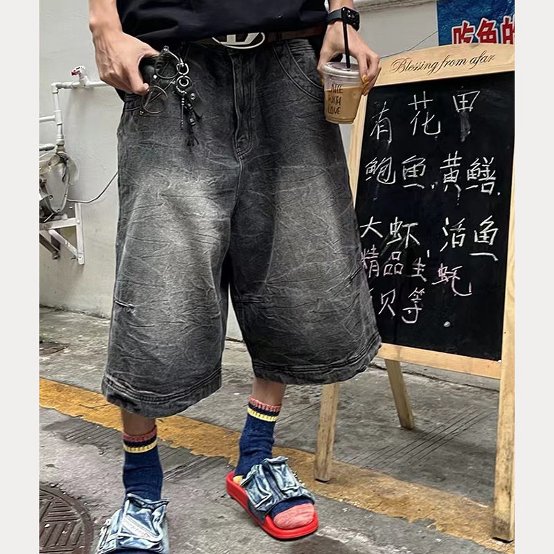 美式复古水洗高街拼接牛仔短裤男女夏季款阔腿做旧休闲百搭七分裤