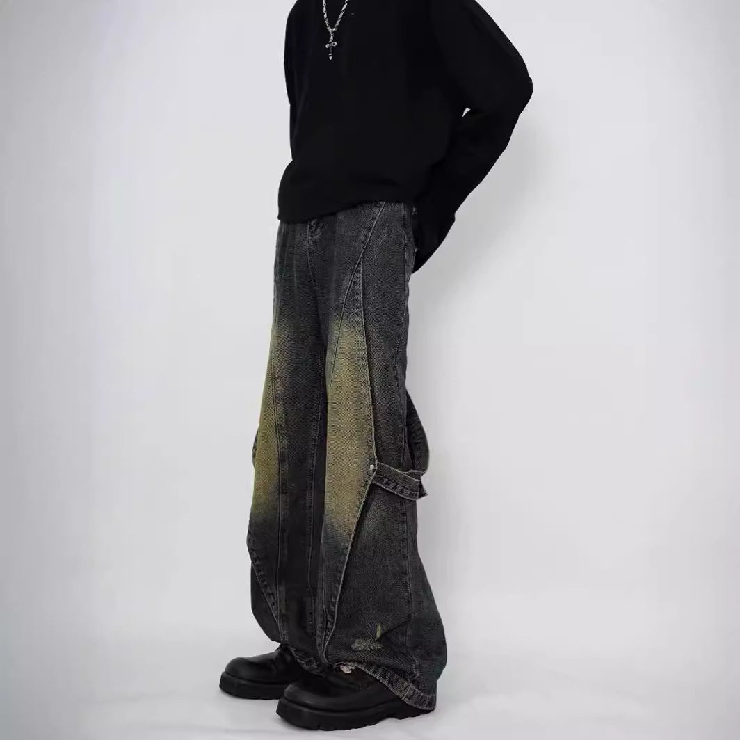美式高街Vibe复古重工做旧水洗牛仔裤男解构拼接设计直筒阔腿长裤