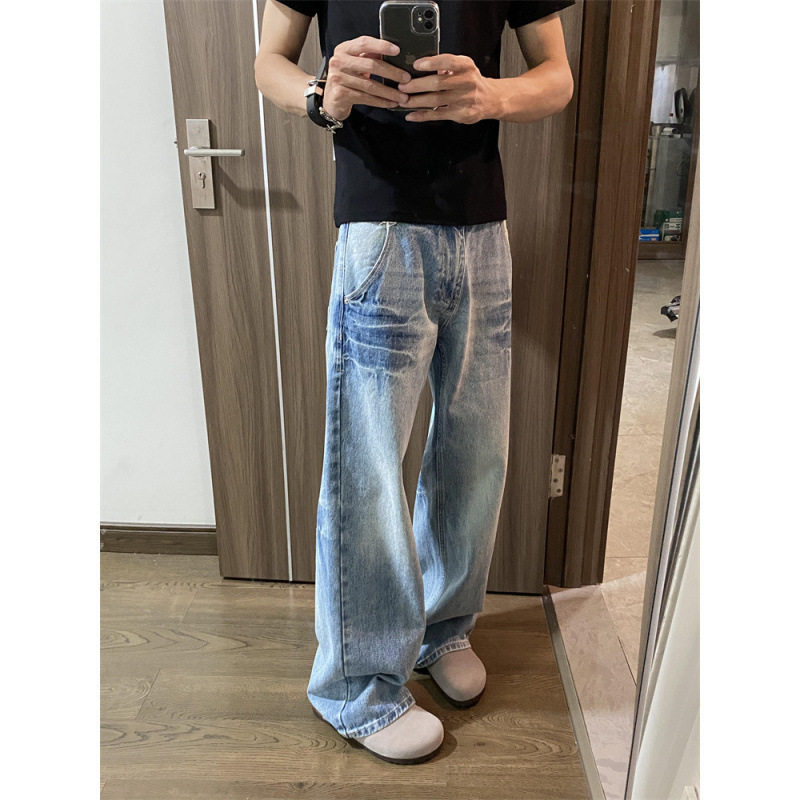 小众裂纹设计水洗浅蓝色牛仔裤男款美式潮流休闲百搭宽松直筒长裤