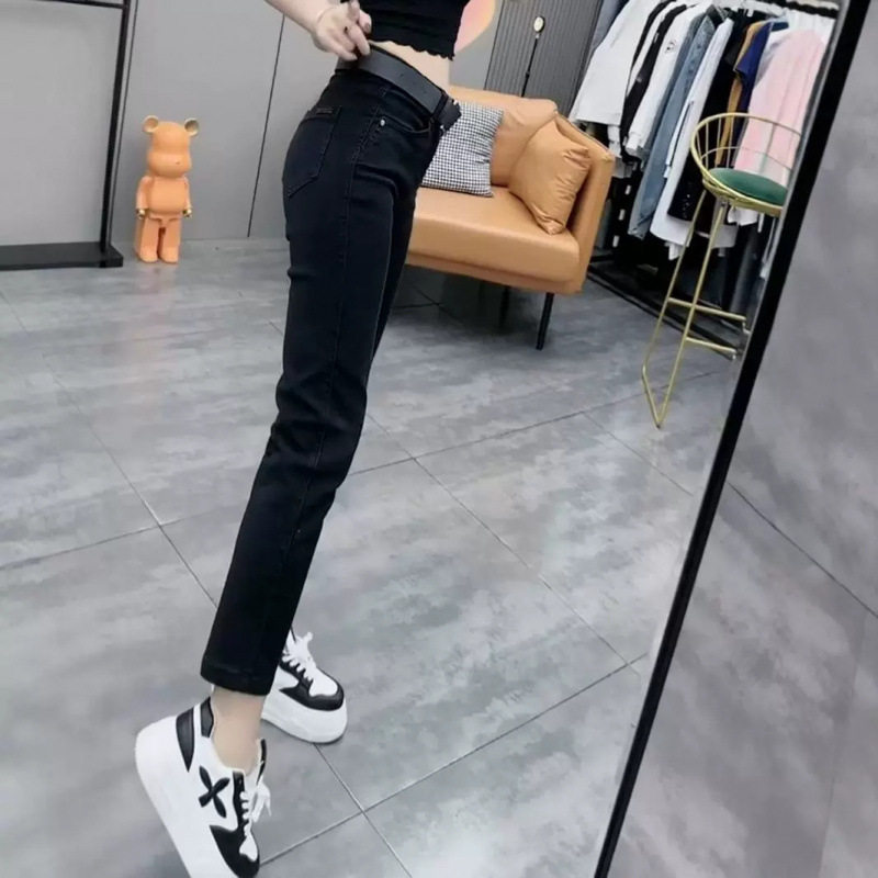 新款夏季黑色烟管牛仔裤女九分小个子薄款高腰窄版直筒裤跨境