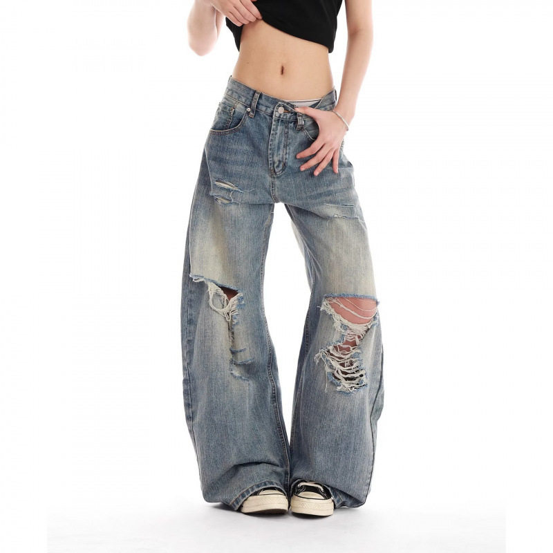 美式水洗破洞牛仔裤男女宽松阔腿休闲裤复古潮牌cleanfit直筒裤子