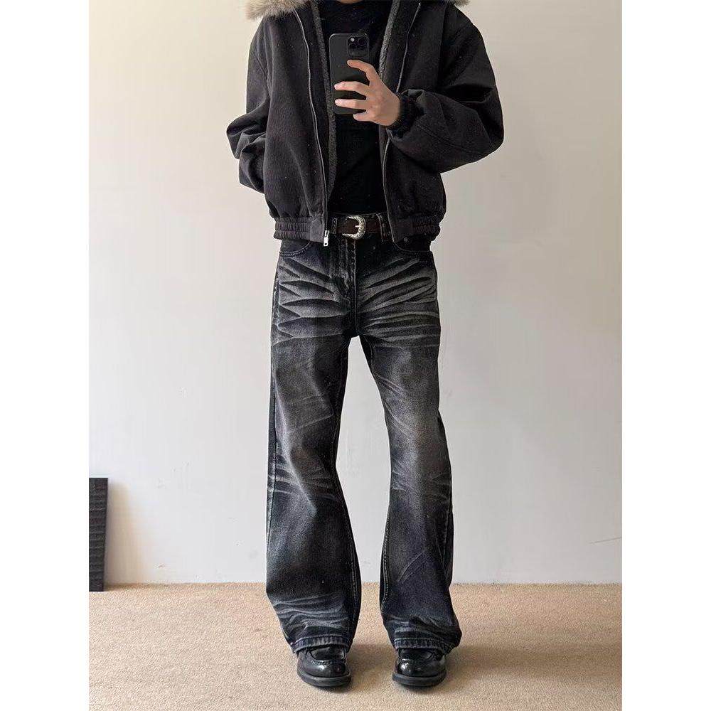 美式复古裂纹牛仔裤男士cleanfit潮牌水洗百搭宽松微喇叭休闲裤子