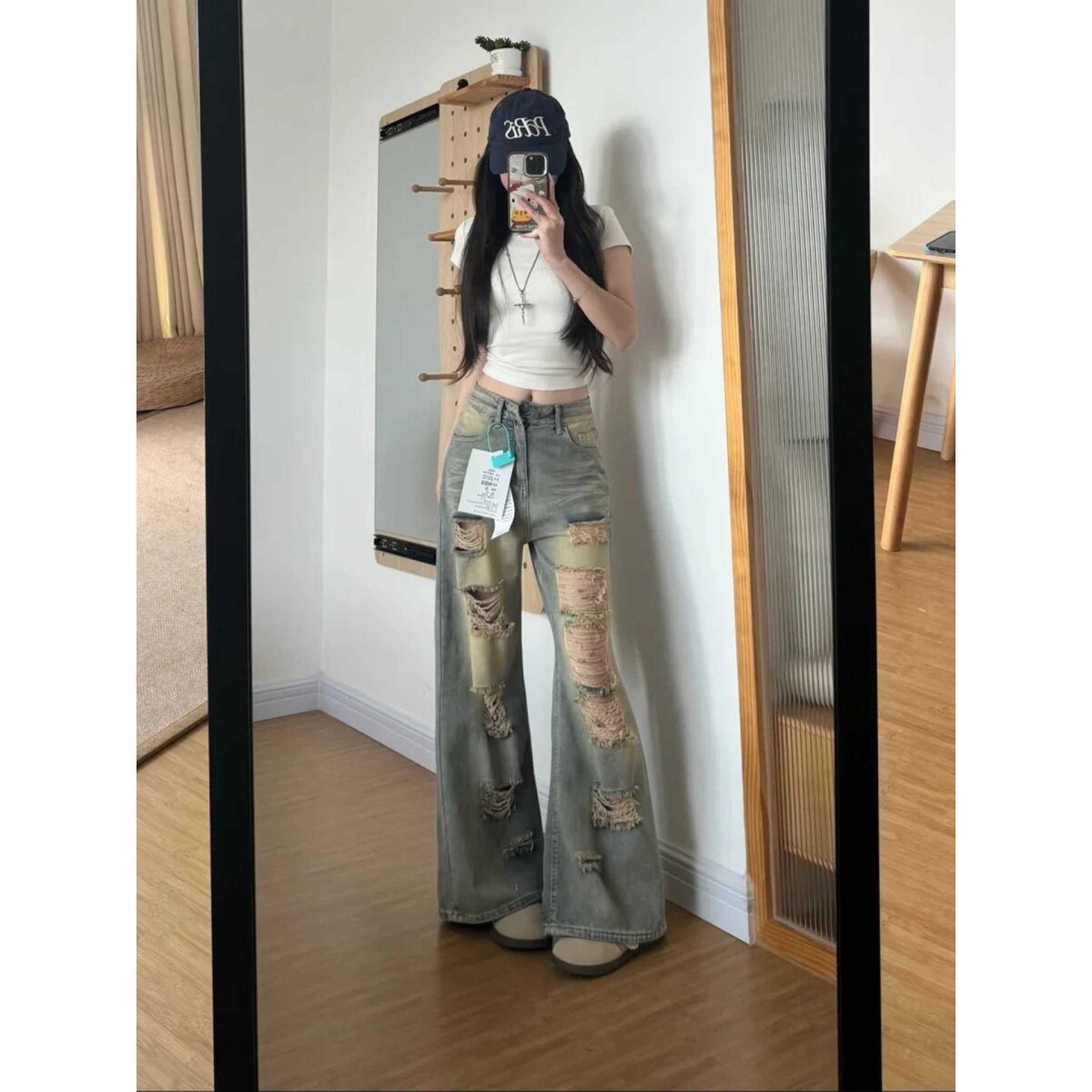 时尚女夏薄款复古韩版破洞牛仔裤新款高腰宽松显瘦直筒阔腿拖地裤