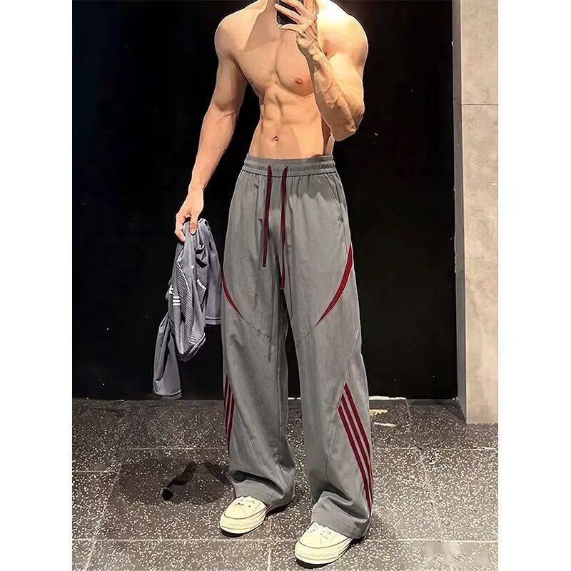 夏季冰丝薄款裤子男条纹美式阔腿休闲裤速干运动宽松直筒潮牌长裤