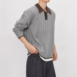 老钱风假两件撞色POLO领毛衣百搭慵懒风潮男翻领高级感针织毛衫男