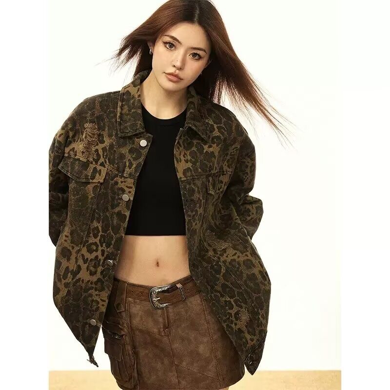 美式高街复古豹纹时尚破洞牛仔外套男女潮牌宽松oversize情侣夹克