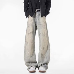 美式复古水洗做旧泼墨弯刀牛仔裤男女宽松潮牌高街vibe风阔腿裤子