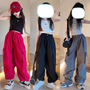 女童裤子6-12岁潮款工装裤2024新款春秋季男女童爵士街舞阔腿裤潮