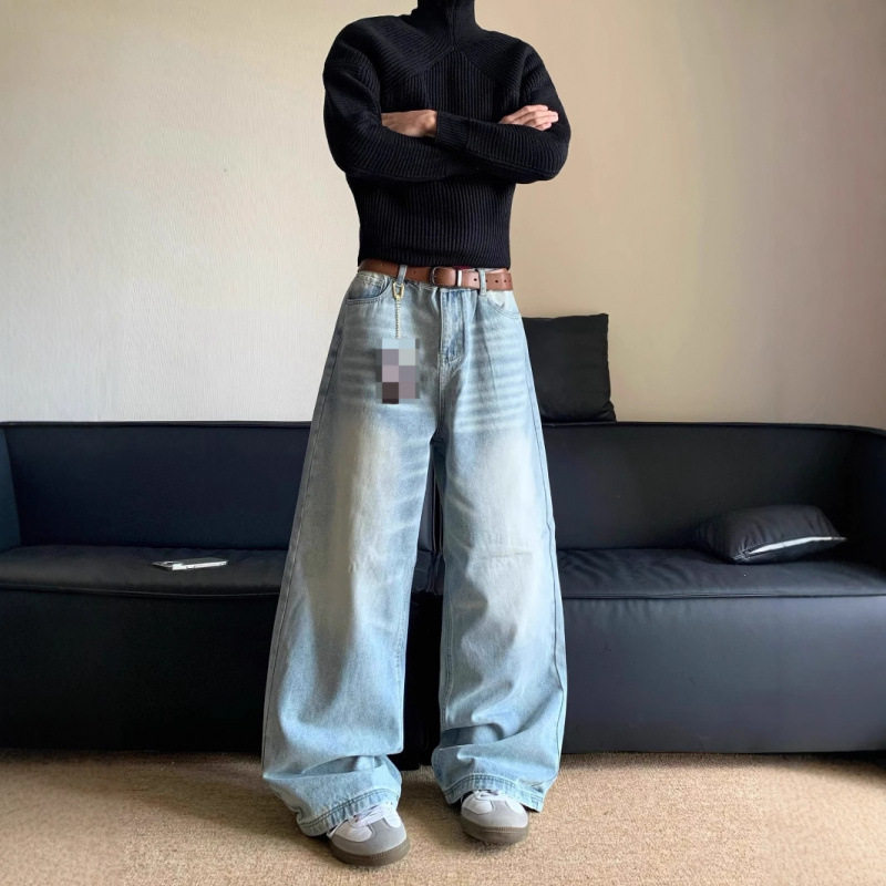 美式复古水波纹做旧牛仔裤男女高街vibe风宽松直筒阔腿休闲长裤子