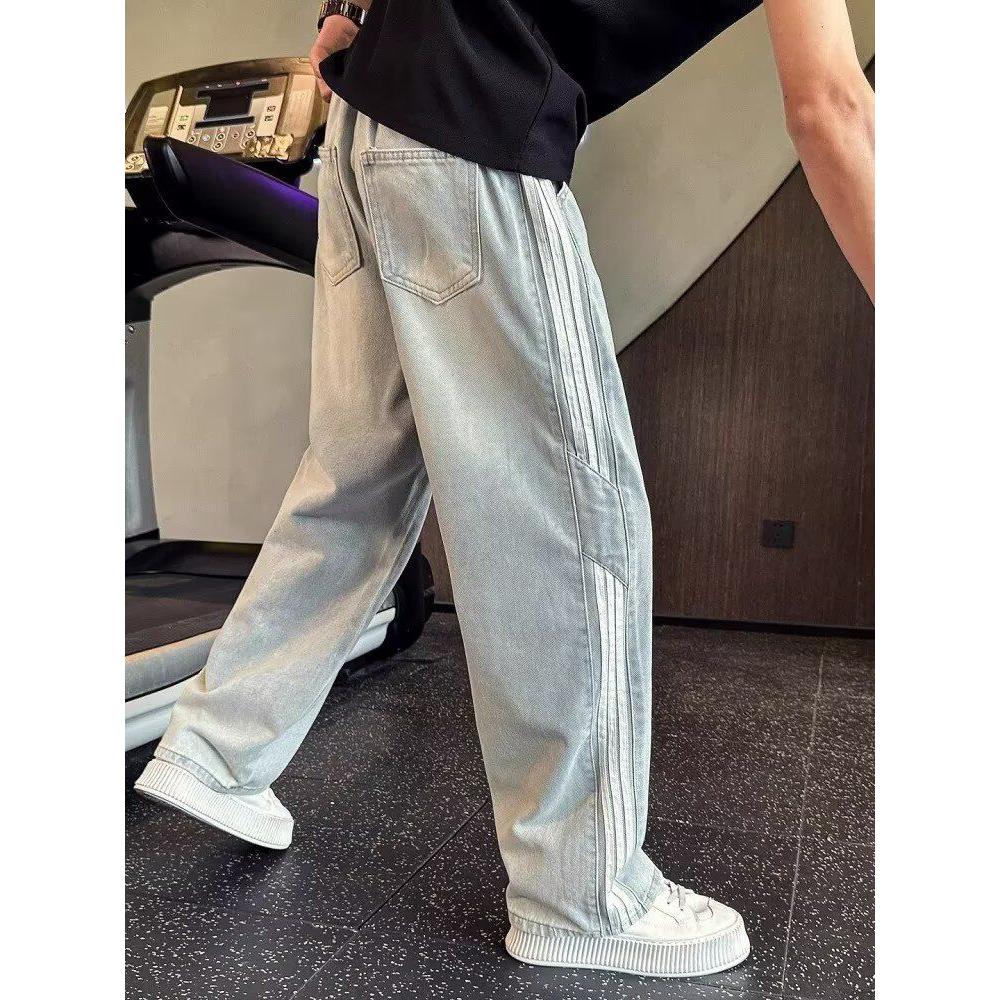 侧边条纹牛仔裤男士春夏季薄款美式潮牌直筒宽松阔腿裤子男生长裤