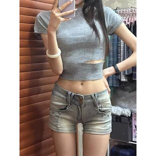 浅色复古牛仔超短裤女薄款夏季2025新款水洗低腰小个子辣妹包臀裤