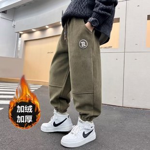 燈芯絨加厚運動衛(wèi)褲 男童一體絨加絨褲 2023新款 中大童長褲 子秋冬款