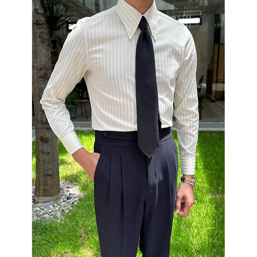 休闲商务复古尖领条纹衬衫纽扣领修身衬衣时髦绅士气质通勤百搭款