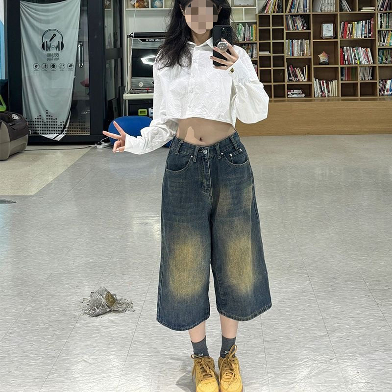 美式复古水洗做旧牛仔七分裤男女夏季新款高腰宽松直筒阔腿短裤子