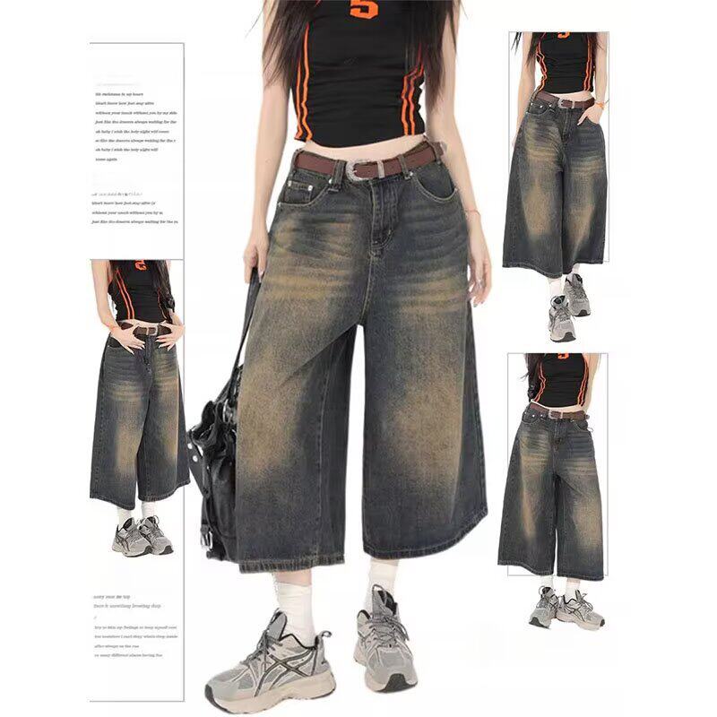 美式高街阔腿七分牛仔裤2024夏季复古水洗做旧牛仔短裤时尚潮男女