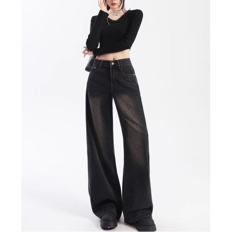 夏季新款黑灰色独特设计感阔腿牛仔裤女刺绣遮胯显瘦宽松直筒裤子