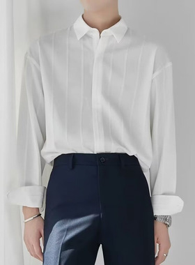 暗纹设计肌理感条纹衬衫男长袖休闲白色上衣高级感男士衬衣痞帅