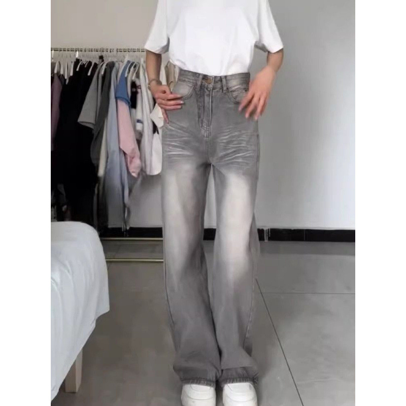 灰色美式复古阔腿牛仔裤女薄款夏季2025新款垂感宽松直筒拖地裤子