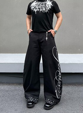 暗黑潮牌字母印花牛仔裤男士裤脚波点拼接宽松弯刀阔腿痞帅休闲裤