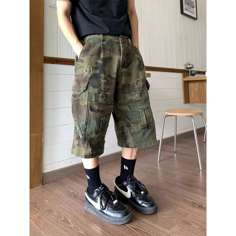 美式复古军绿色迷彩工装七分裤男女高街破洞宽松阔腿情侣休闲短裤