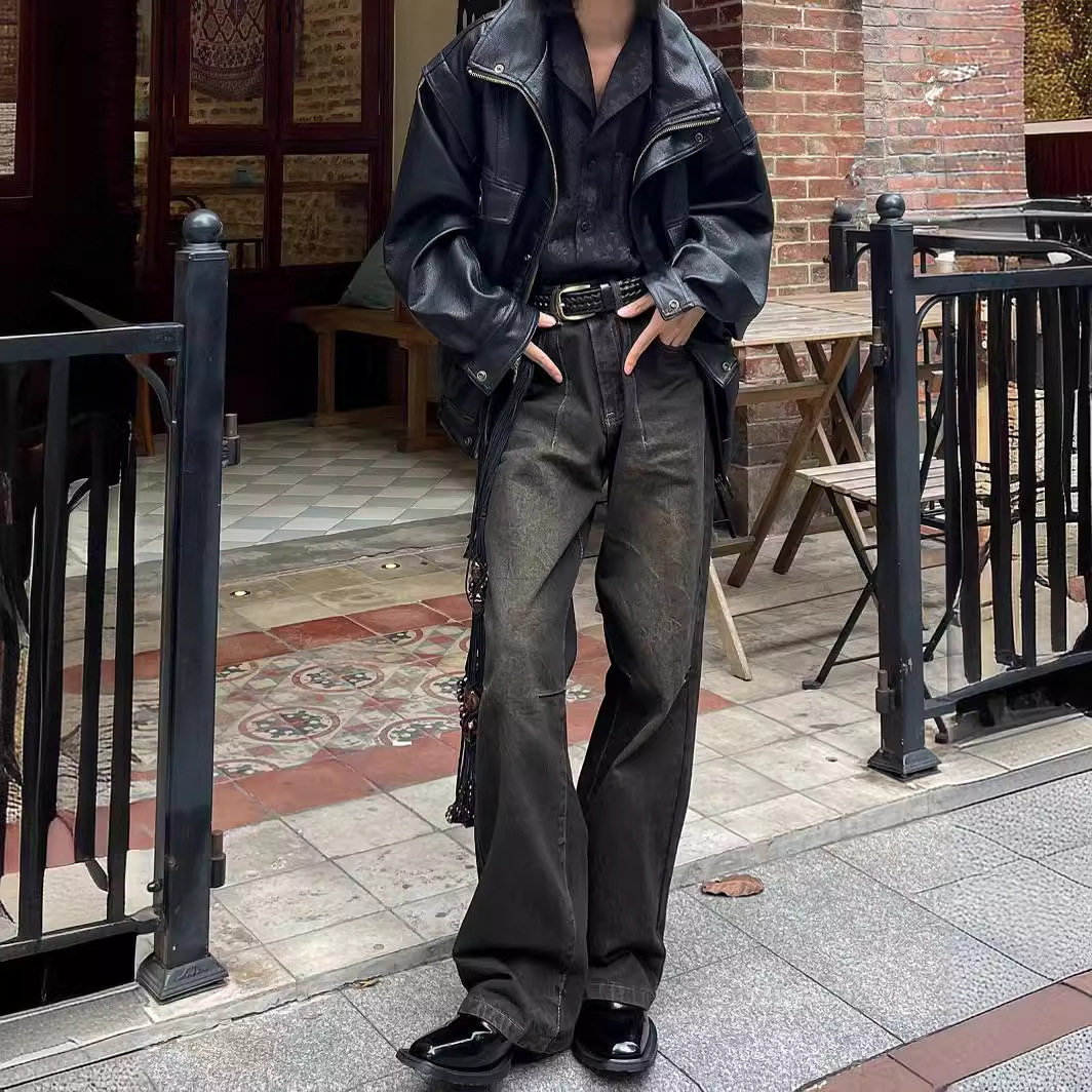 日系复古废土风小众设计感做旧水洗牛仔裤休闲男女阔腿拖地长裤子