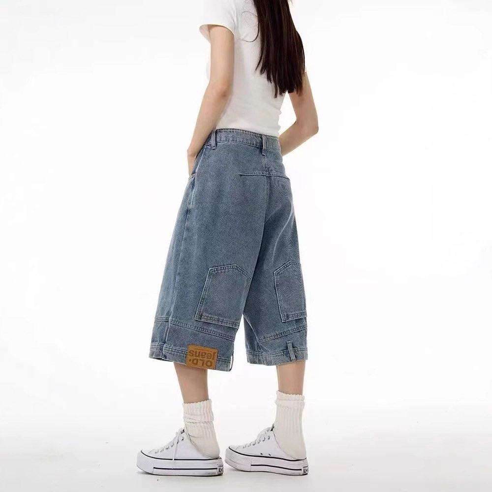 美式复古倒装设计感小众牛仔短裤男潮牌宽松bf阔腿七分裤子情侣夏