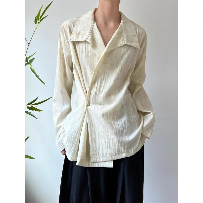 法式复古设计感条纹轻奢长袖衬衫男女小众不规则宽荡领衬衣外套潮