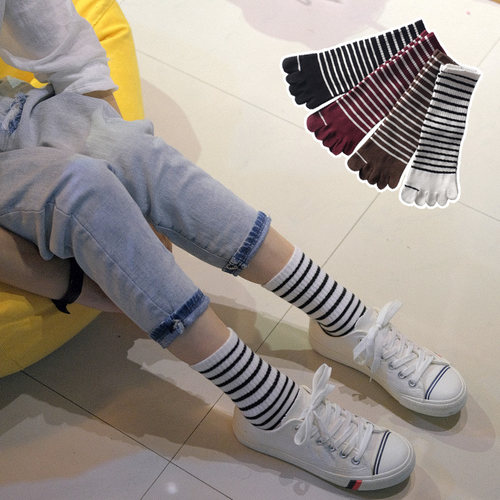 内田条纹高邦棉质女五指袜